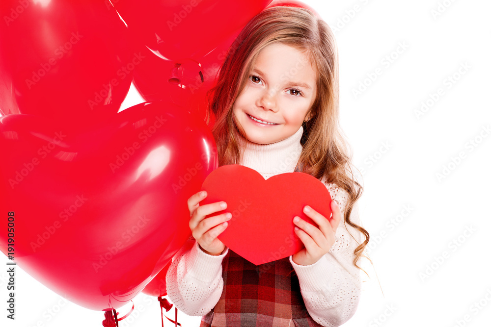 Smiling girl in red plaid dress with red heart Valentine card and red balloons isolated on white background. Happy Valentine's Day. Happy mother's day. Smiling girl in red plaid dress with red heart Valentine card and red balloons isolated on white background. Happy Valentine's Day. Happy mother's day.