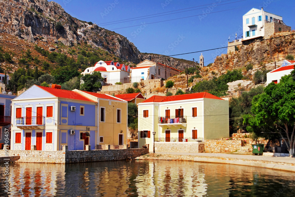 Traditional houses by the harbour of the town of Kastelorizo, Kastelorizo island, Dodecanese islands, Greece