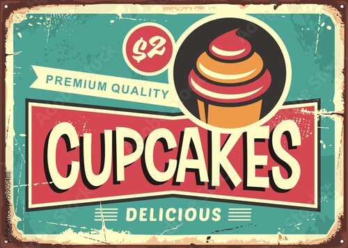 Delicious cupcakes retro sign for candy shop. Pastry store vintage ad with cute typography and cupcake graphic. Vector illustration for sweets and candies.