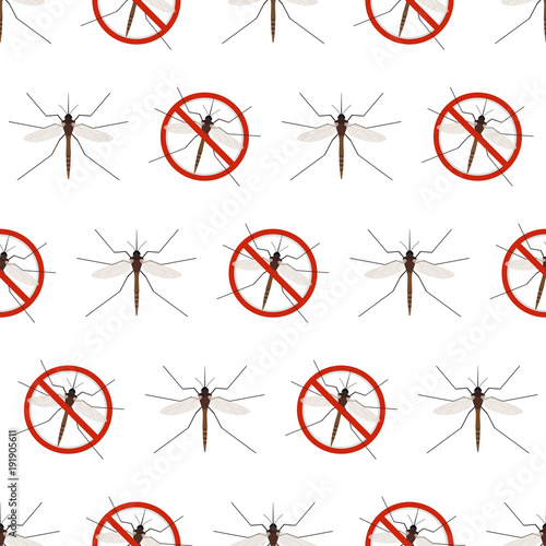 Seamless pattern of mosquito warning sign isolated on white background. Anti gnat symbol in flat style. Vector illustration of insects.