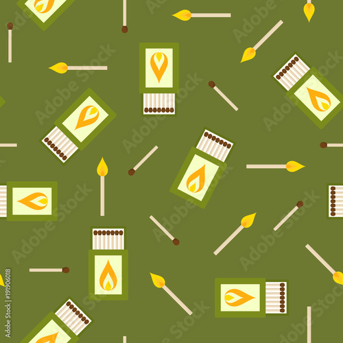 Seamless pattern of matches box isolated on white background. Matchbox and burning match for camping, hiking, survival in flat style. Open matchbook vector illustration