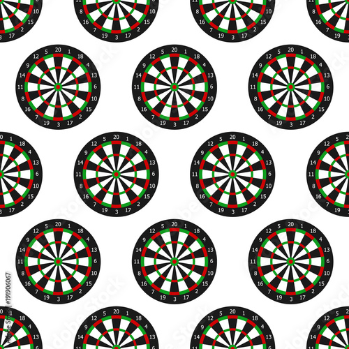 Seamless pattern of dartboard with numbers isolated on white background, in flat style. Vector illustration.