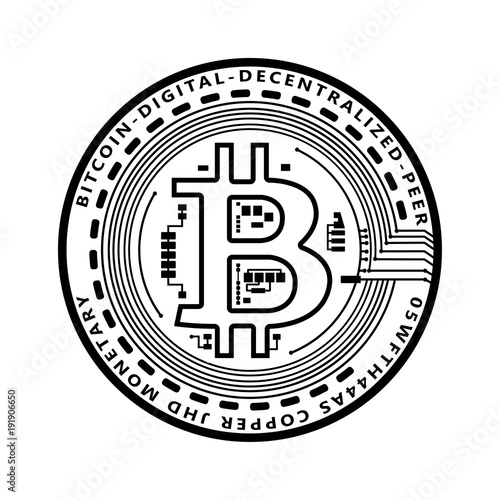 Crypto currency black coin with black lackered bitcoin symbol on obverse isolated on white background. Vector illustration.