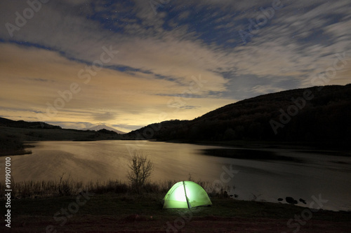 Wild Camp At Night On Lake In Nebrodi Park, Sicily