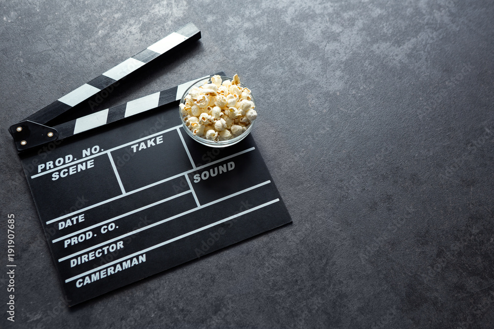 Cinema concept with movie theatre elements set of clapper board and