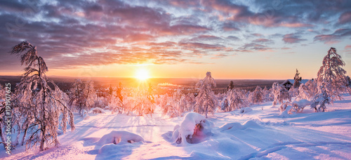 Winter wonderland in Scandinavia at sunset