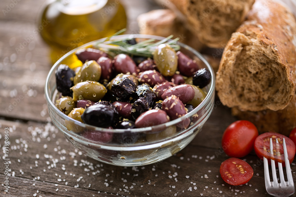 Mediterranean mix of olives for salad in oil . Mediterranean mix of olives for salad in oil .