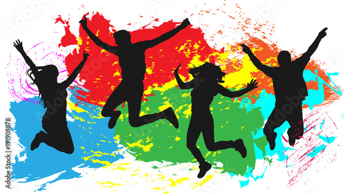 Jumping people friends silhouette, colorful bright ink splashes background