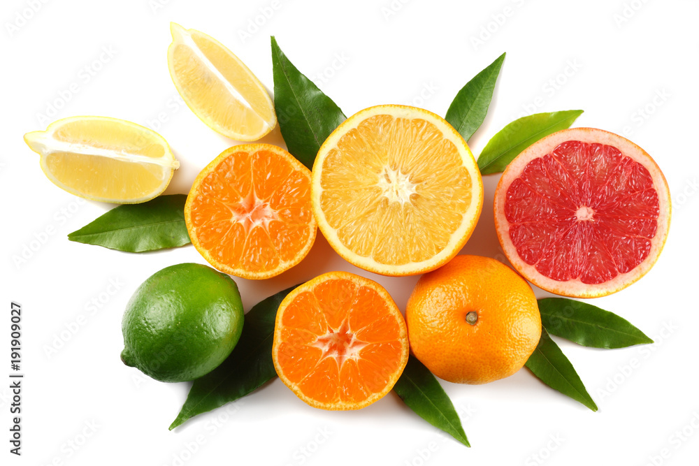 healthy food. mix lemon, green lime, orange and grapefruit with green leaf isolated on white background healthy food. mix lemon, green lime, orange and grapefruit with green leaf isolated on white background