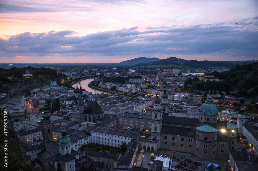 panoramic view of Salzburg at sunset