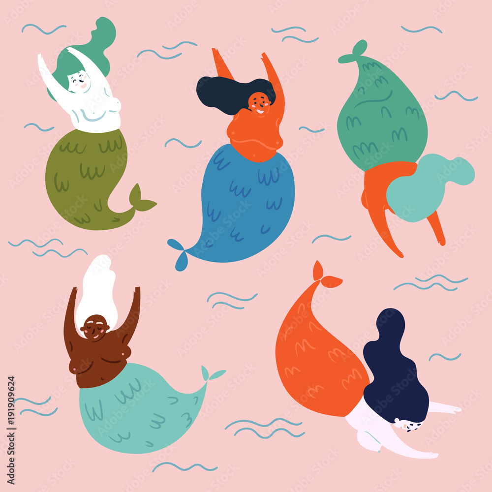 Set of underwater legendary and mythical creatures mermaids. Five fishwoman in water are having fun. Underwater fantasy life