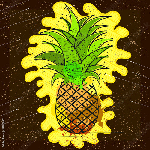 Vector hand drawn pineapple with striped background. Exotic tropical fruit.