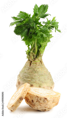 celery root with leaf isolated on white background. Celery isolated on white. Healthy food