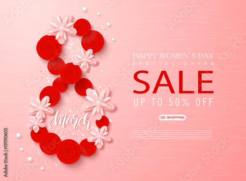 8 March - Happy Women s Day sale banner. Beautiful Background with flowers and serpentine. Vector illustration for website , posters, ads, coupons, promotional material