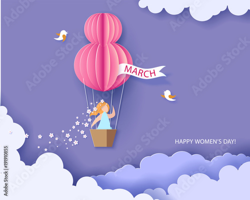 Card for 8 March womens day. Woman in basket of hot air balloon. Abstract background with text and flowers .Vector illustration. Paper cut and craft style.