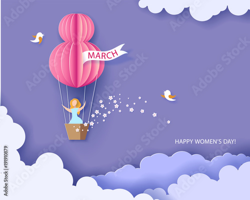 Card for 8 March womens day. Woman in basket of hot air balloon. Abstract background with text and flowers .Vector illustration. Paper cut and craft style. photo