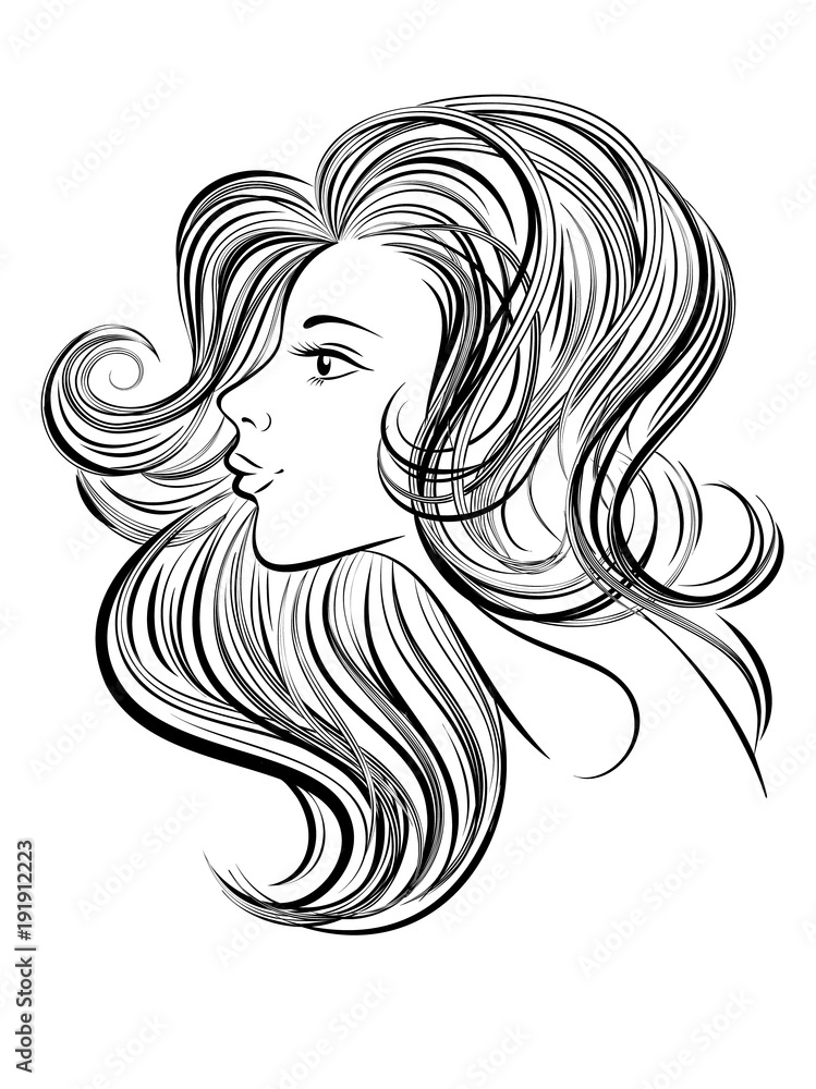 Portrait of young beautiful woman with long hair. Hand drawn girl with ...