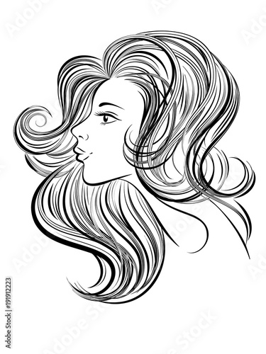 Portrait of young beautiful woman with long hair. Hand drawn girl with red lips. Vector digital drawing. Line art.