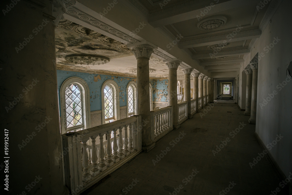 Inside of old creepy abandoned mansion. Former sanatorium Gagripsh, Gagra, Abkhazia 