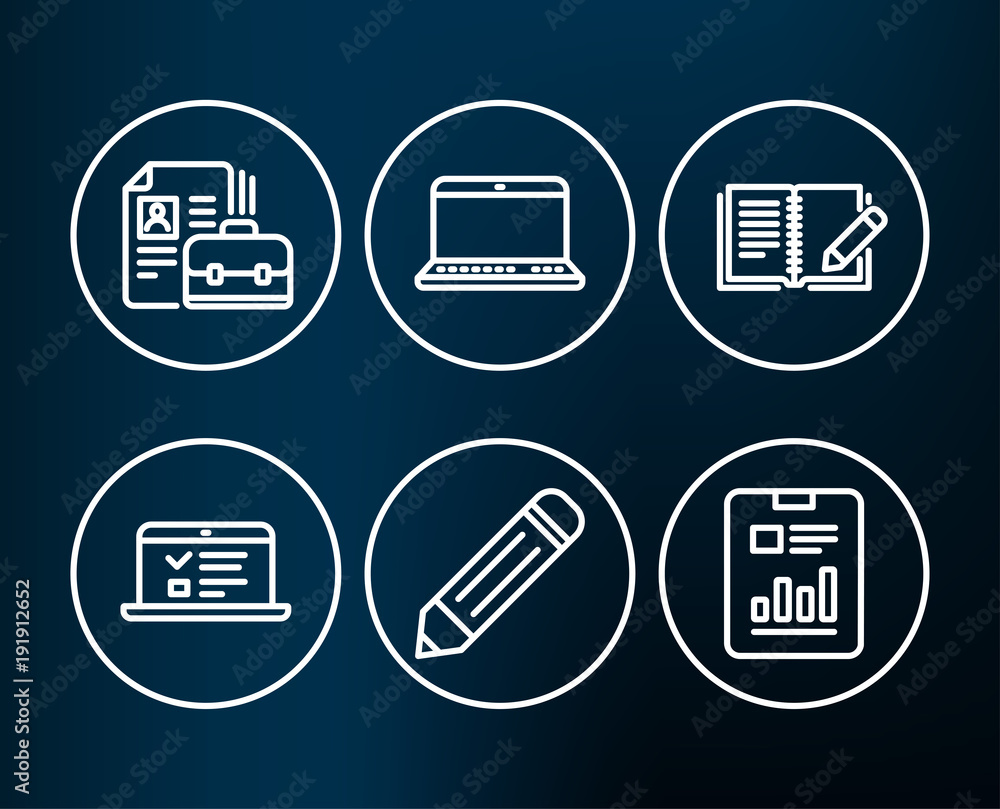 Set of Feedback, Notebook and Web lectures icons. Pencil, Vacancy and Report document signs. Book with pencil, Laptop computer, Online test. Edit data, Hiring job, Page with charts. Editable stroke Set of Feedback, Notebook and Web lectures icons. Pencil, Vacancy and Report document signs. Book with pencil, Laptop computer, Online test. Edit data, Hiring job, Page with charts. Editable stroke