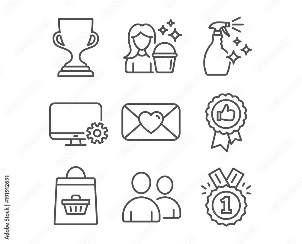 Set of Positive feedback, Cleaning and Award cup icons. Users, Monitor settings and Valentine signs. Washing cleanser, Online buying and Approved symbols. Award medal, Maid service, Trophy. Vector Set of Positive feedback, Cleaning and Award cup icons. Users, Monitor settings and Valentine signs. Washing cleanser, Online buying and Approved symbols. Award medal, Maid service, Trophy. Vector