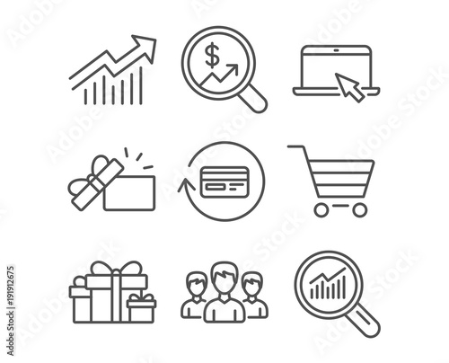 Set of Holiday presents, Opened gift and Portable computer icons. Group, Refund commission and Market sale signs. Demand curve, Currency audit and Data analysis symbols. Gift boxes. Present box