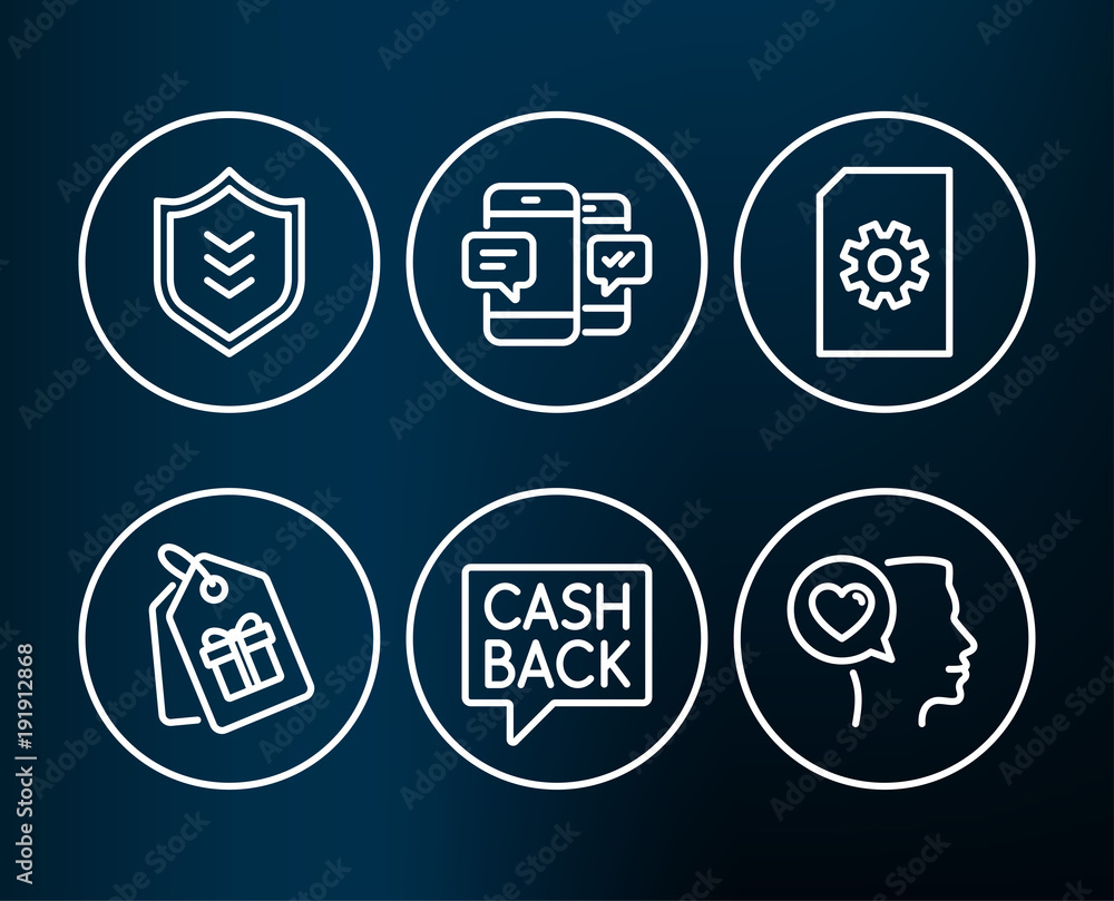 Set of File management, Smartphone sms and Money transfer icons. Shield, Coupons and Romantic talk signs. Doc with cogwheel, Mobile messages, Cashback message. Vector Set of File management, Smartphone sms and Money transfer icons. Shield, Coupons and Romantic talk signs. Doc with cogwheel, Mobile messages, Cashback message. Vector