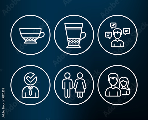 Set of Americano  Restroom and Conversation messages icons. Double latte  Vacancy and Teamwork signs. Beverage cup  Wc toilet  Communication. Tea cup  Businessman concept  Man with woman. Vector