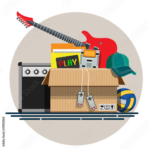Illustration of a cardboard box with old things in a flat style. Box with old stuff vector. Guitar, cap, game console, volleyball. Vector illustration Eps10 file