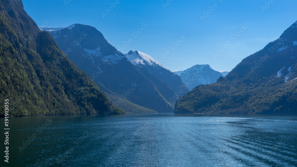 Beautiful norwegian Fjord with blue clear sky from Gudvangen to Flam, Norway