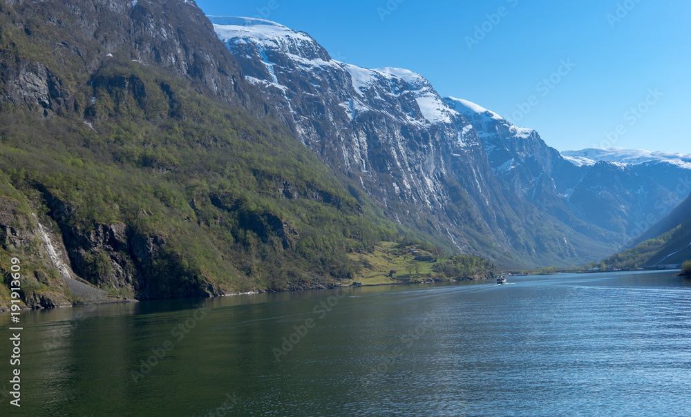 A cruise leaving harbor of Gudvangen to Flam, Norway