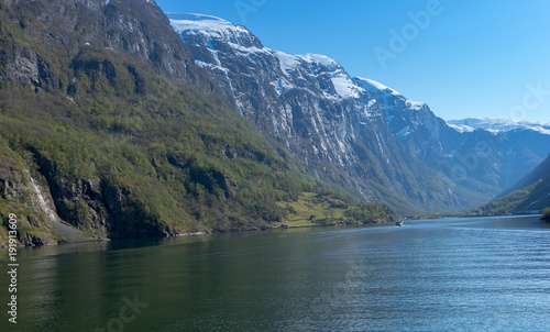 A cruise leaving harbor of Gudvangen to Flam, Norway