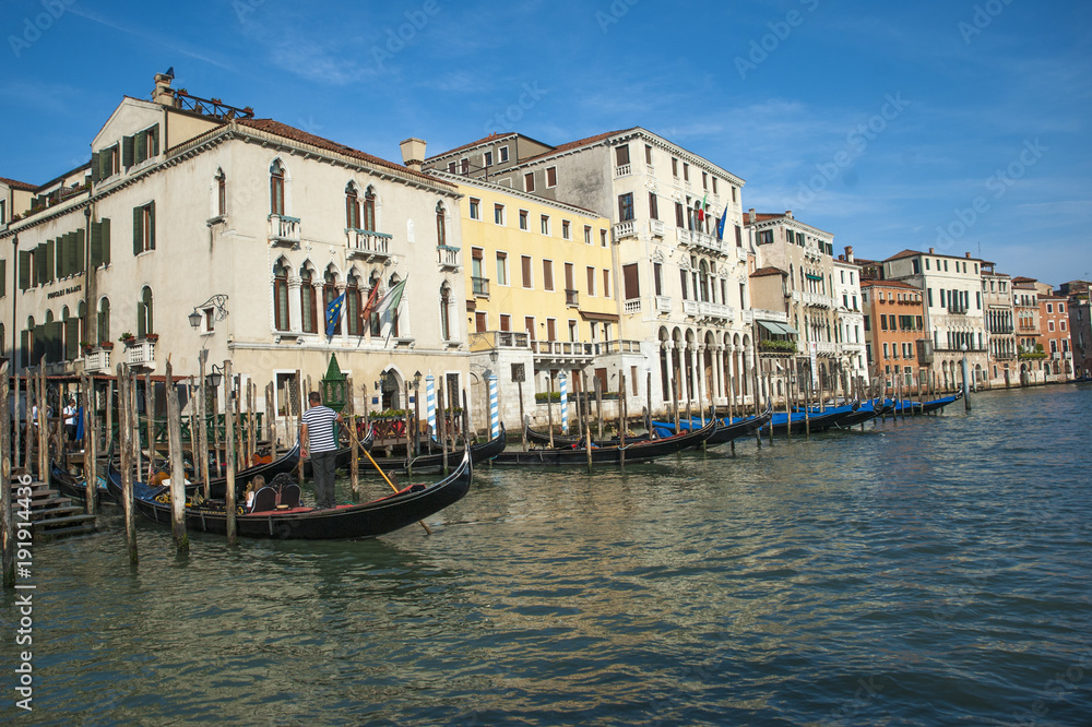 gondolas along the Grand Canal in Venice, Italy
