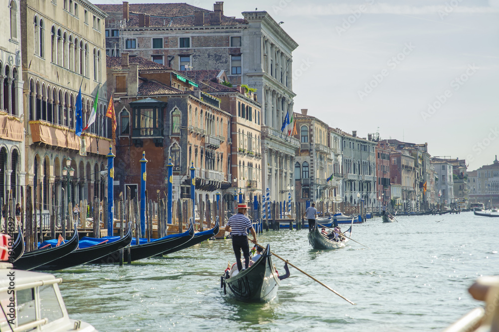 gondolas along the Grand Canal in Venice, Italy