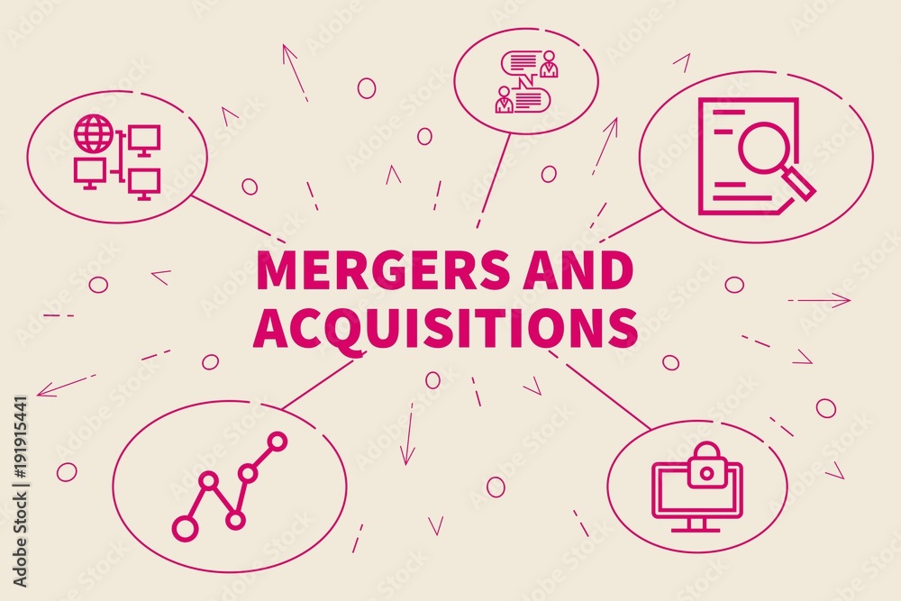 Conceptual business illustration with the words mergers and acquisitions Conceptual business illustration with the words mergers and acquisitions