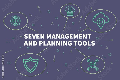Conceptual business illustration with the words seven management and planning tools