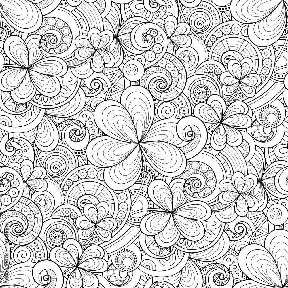 Monochrome Doodle St Patrick's Day Seamless Pattern. Decorative Clover Leaf Talisman, Abstract Coins and Swirl. Elegant Natural Background. Coloring Book Page. Vector Contour Illustration Ornate