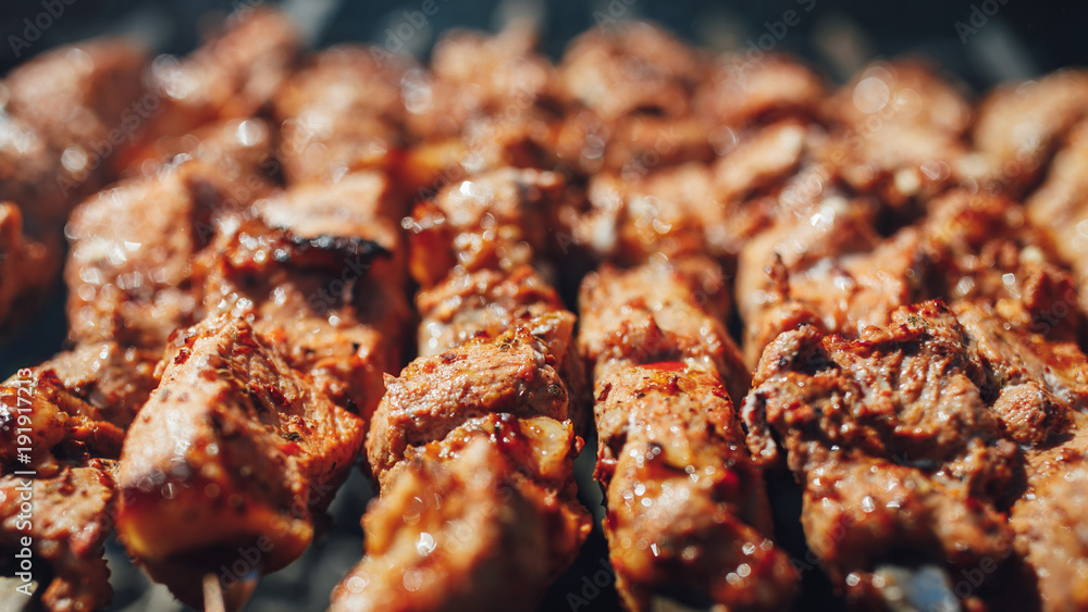 grilled barbecue meat on skewers
