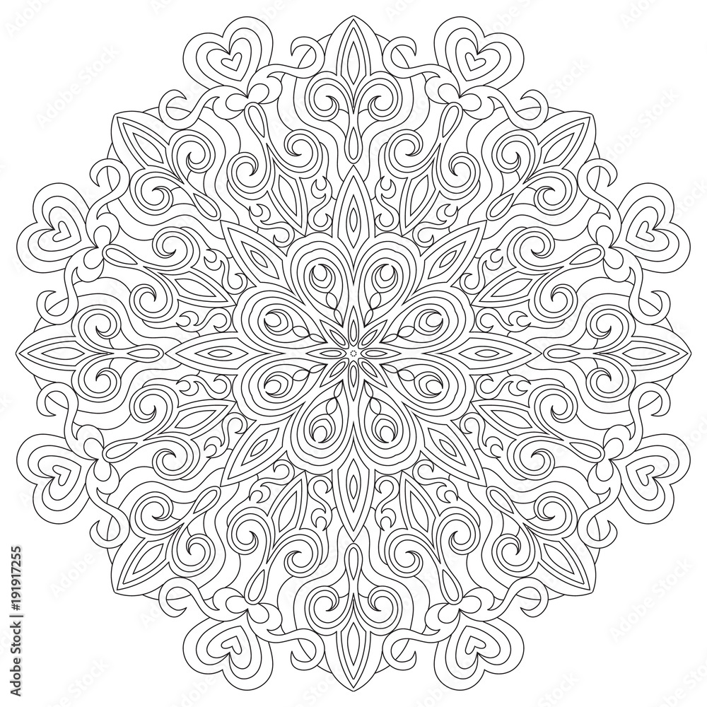 Flower circular mandala for adults. Coloring book page design. Anti stress black and white vintage decorative element. Monochrome oriental ethnic pattern. Hand drawn isolated vector illustration.