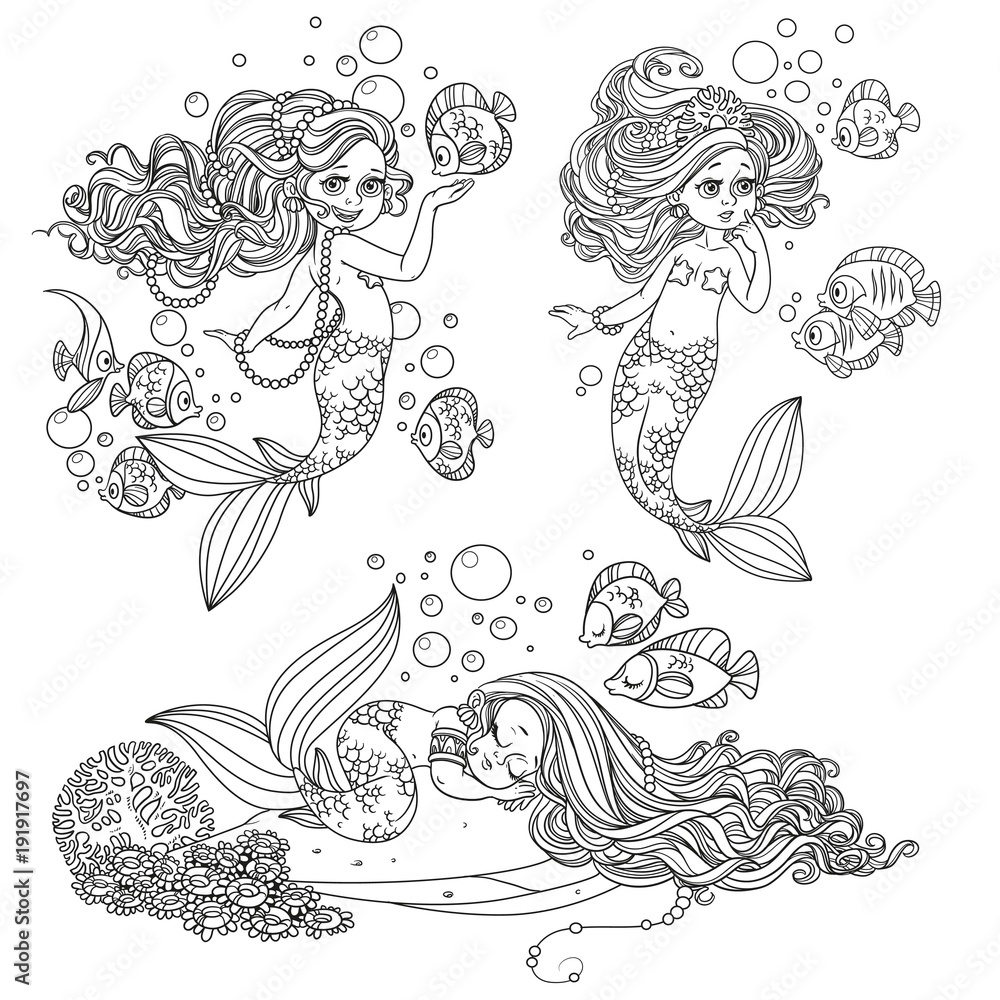 Beautiful mermaid girls with fish outlined set for coloring page isolated on a white background Beautiful mermaid girls with fish outlined set for coloring page isolated on a white background