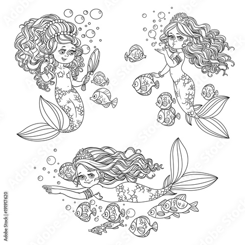 Obraz Syrenka  beautiful-mermaid-girls-outlined-set-for-coloring-page-isolated-on-a-white-background