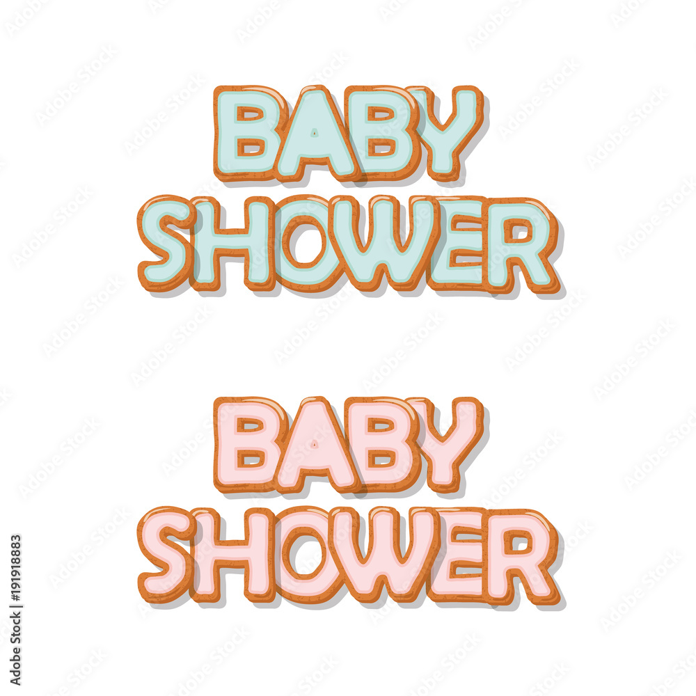 Obraz premium Baby shower sweet hand drawn letters. Biscuit glazed with blue and pink cream for boys and girls. Isolated on white.