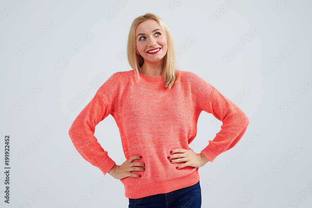 smiley woman thinking smiley woman thinking