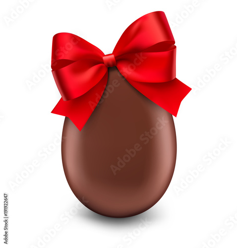 Realistic chocolate Easter egg with bow on white background. Vector illustration ready and simple to use for your design. EPS 10.