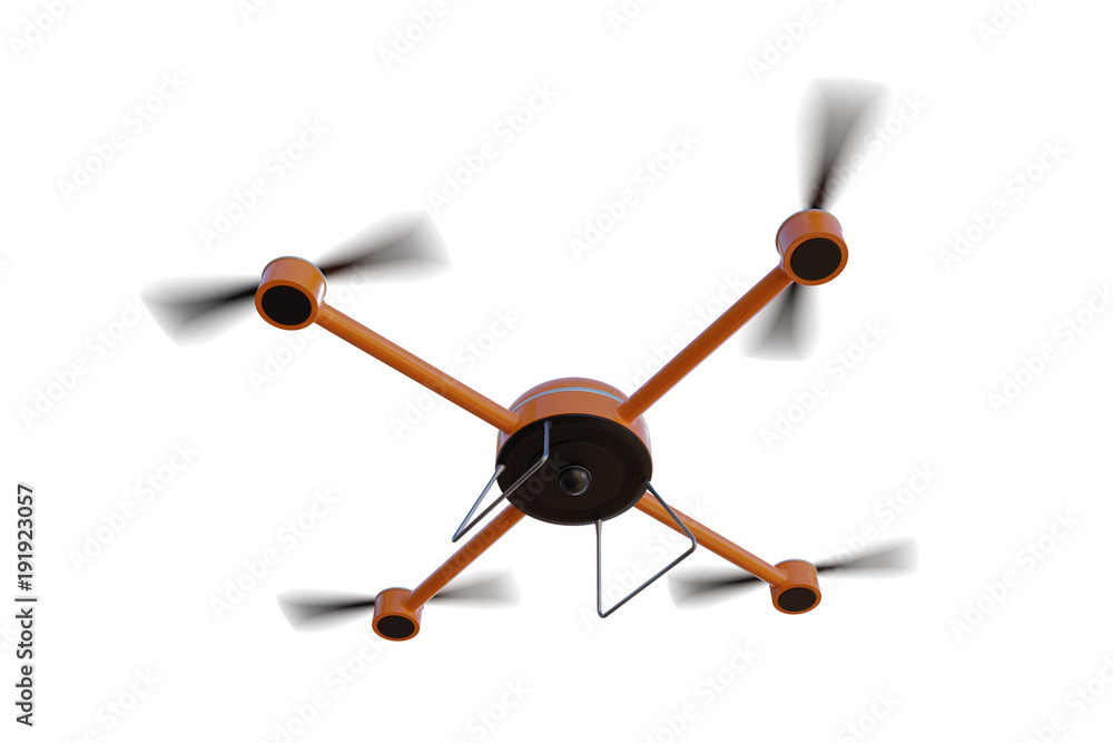 Flying drone isolated on white background. View from bottom. 3D rendered illustration.