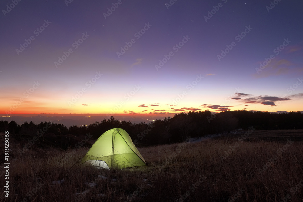 Lighting Tent At The Sunset In Etna Park, Sicily