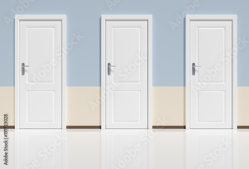 Three doors in room. Decision concept. 3D rendered illustration.