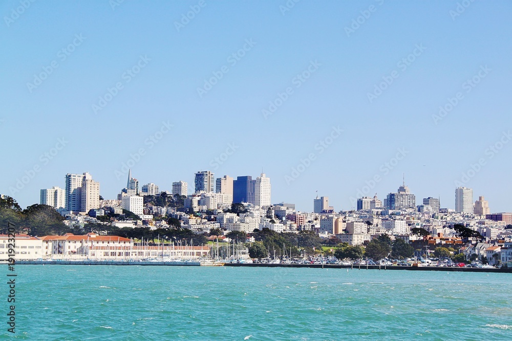 Amazing view on San Francisco, California. Blue sky background. Beautiful backgrounds.