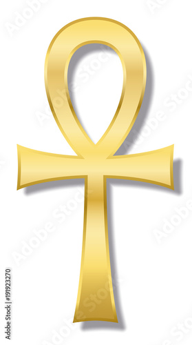 Ankh, also known as key of life, key of Nile, crux ansata - ancient Egyptian hieroglyphic character represents the concept of eternal life. Golden illustration on white background. photo