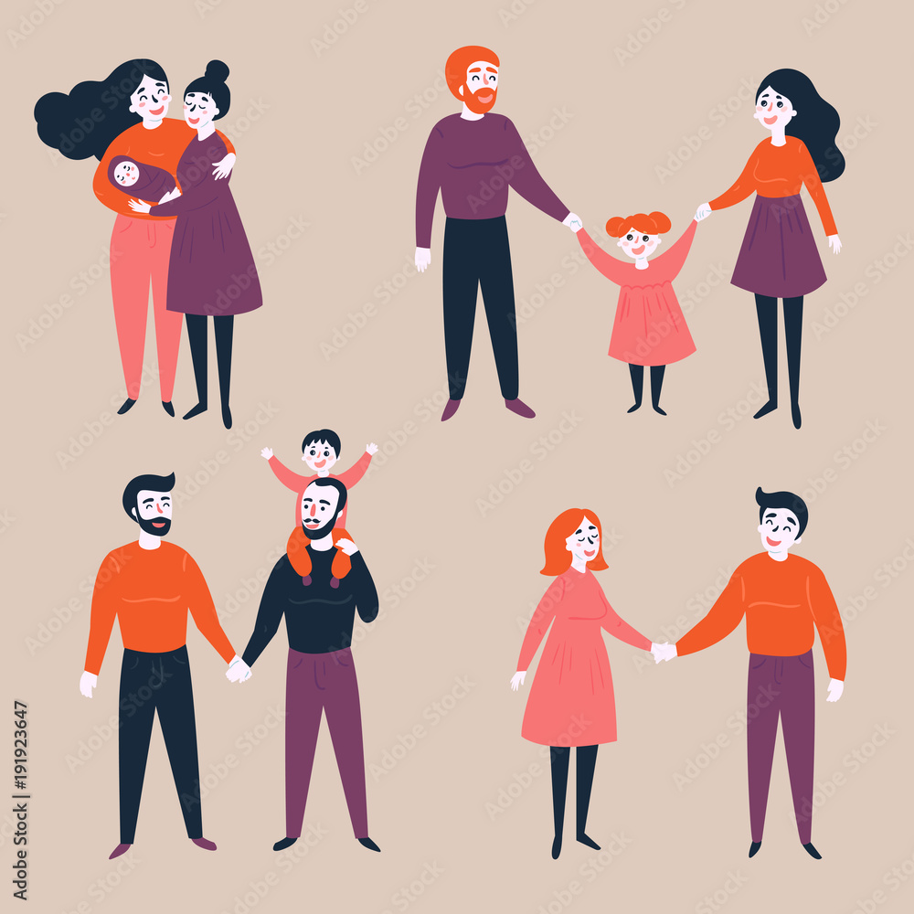 Homosexual lgbt non-traditional and traditional families. Different  couples, heterosexual, gay and lesbian with and without baby children.  Equality in rights illustration. Векторный объект Stock | Adobe Stock